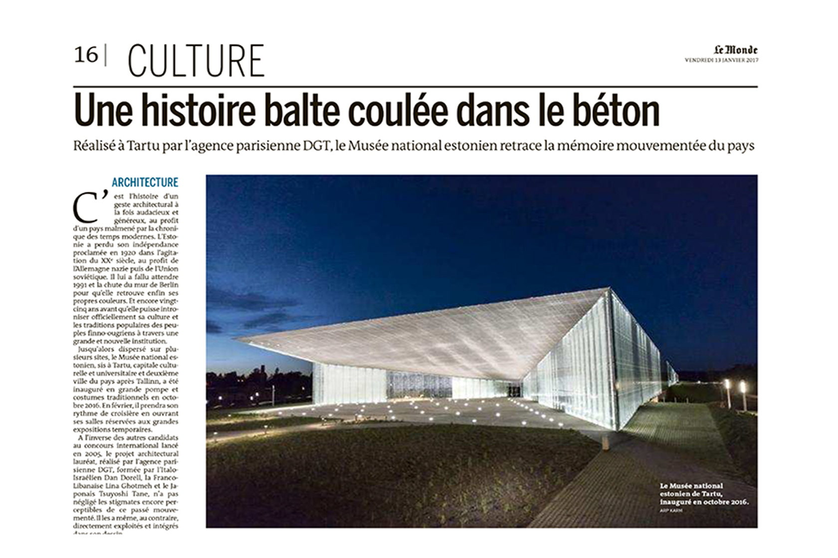 Publication. Le Musée National Estonien dans Le Monde Lina Ghotmeh — Architecture Pages de EE01_ENM_0120172_lemonde