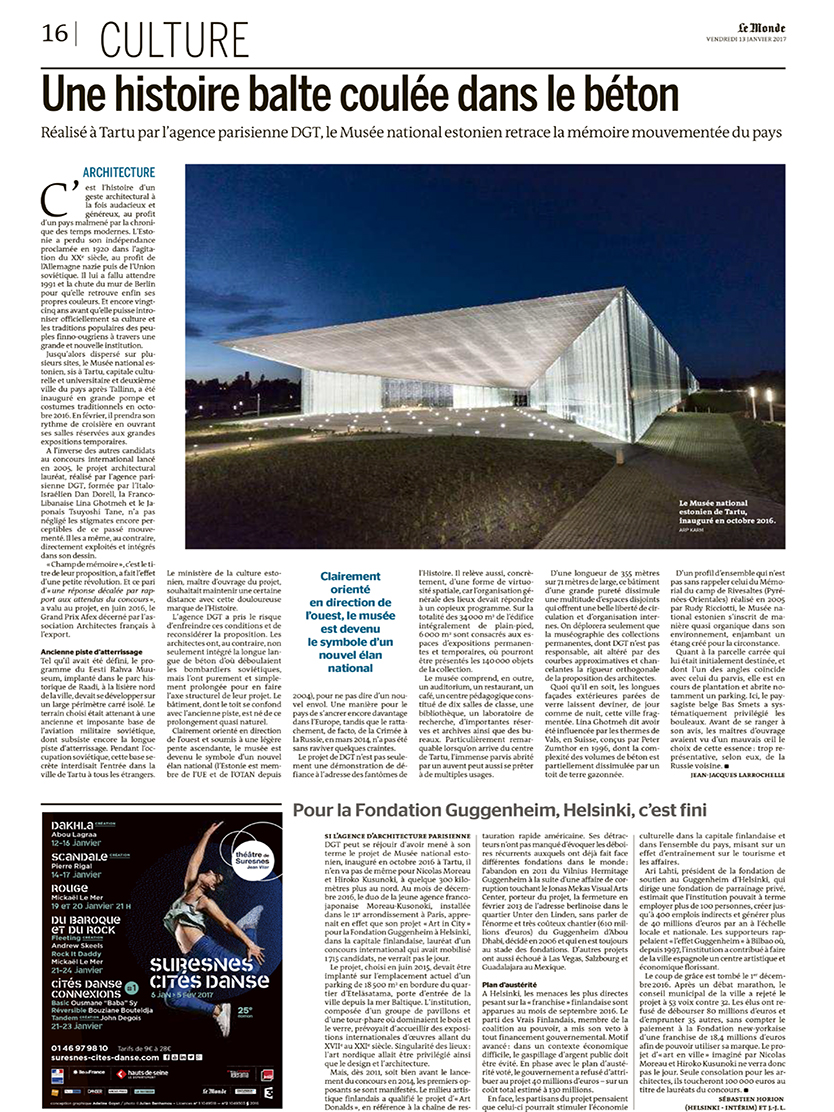 Publication. Le Musée National Estonien dans Le Monde Lina Ghotmeh — Architecture Pages de EE01_ENM_012017_lemonde