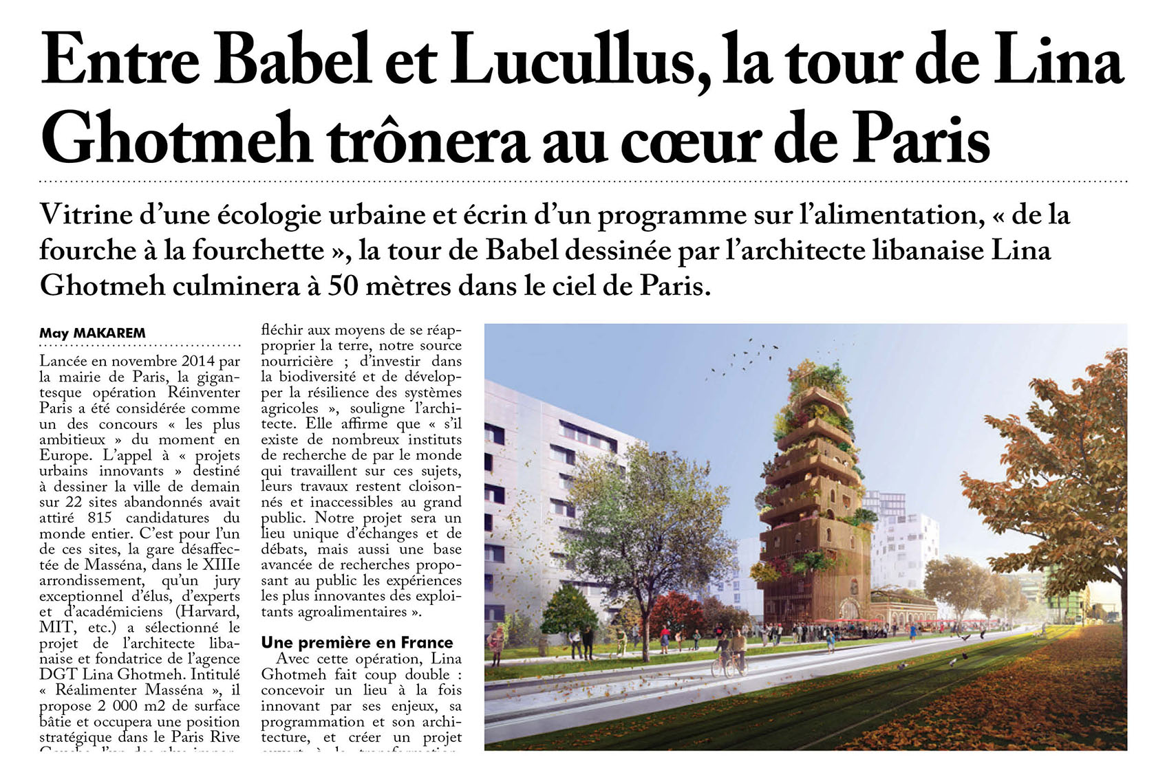 Publication. Réalimenter Masséna dans L'Orient le Jour. Lina Ghotmeh — Architecture GIF PROJECTS 2016 201771